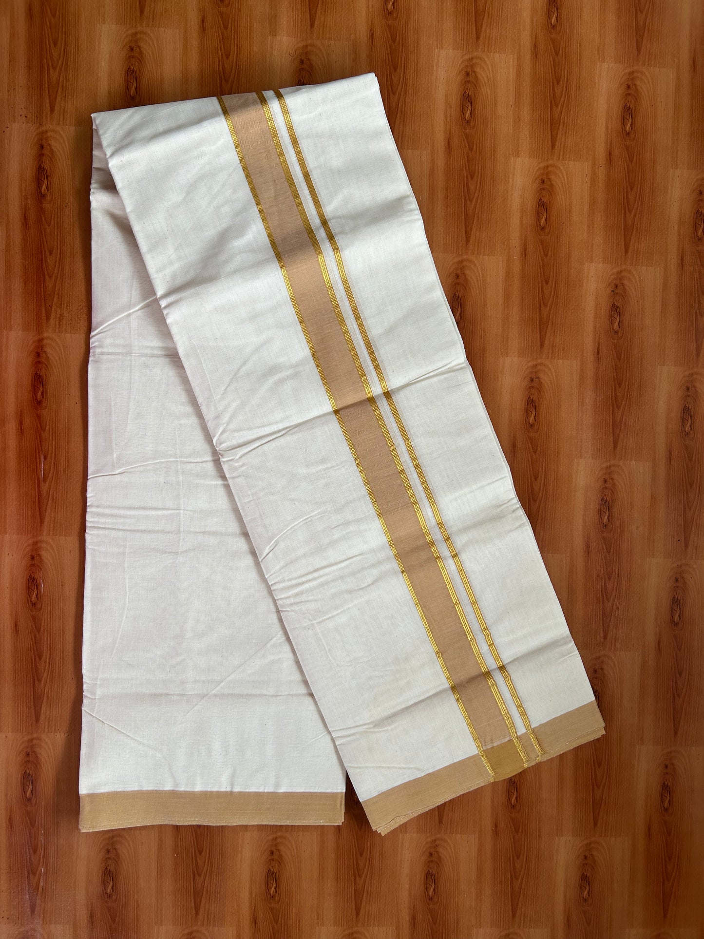 20% Discount!! KaithariKada Balaramapuram 100% Cotton Double Off White - (Unbleached) Mundu/Dhoti-100x80 - 1.25 inch Gold Kasav & Orange Brown Shaded Striped Kara- 3.75 mtr (8 Muzham) - 33 KK5381 ASH