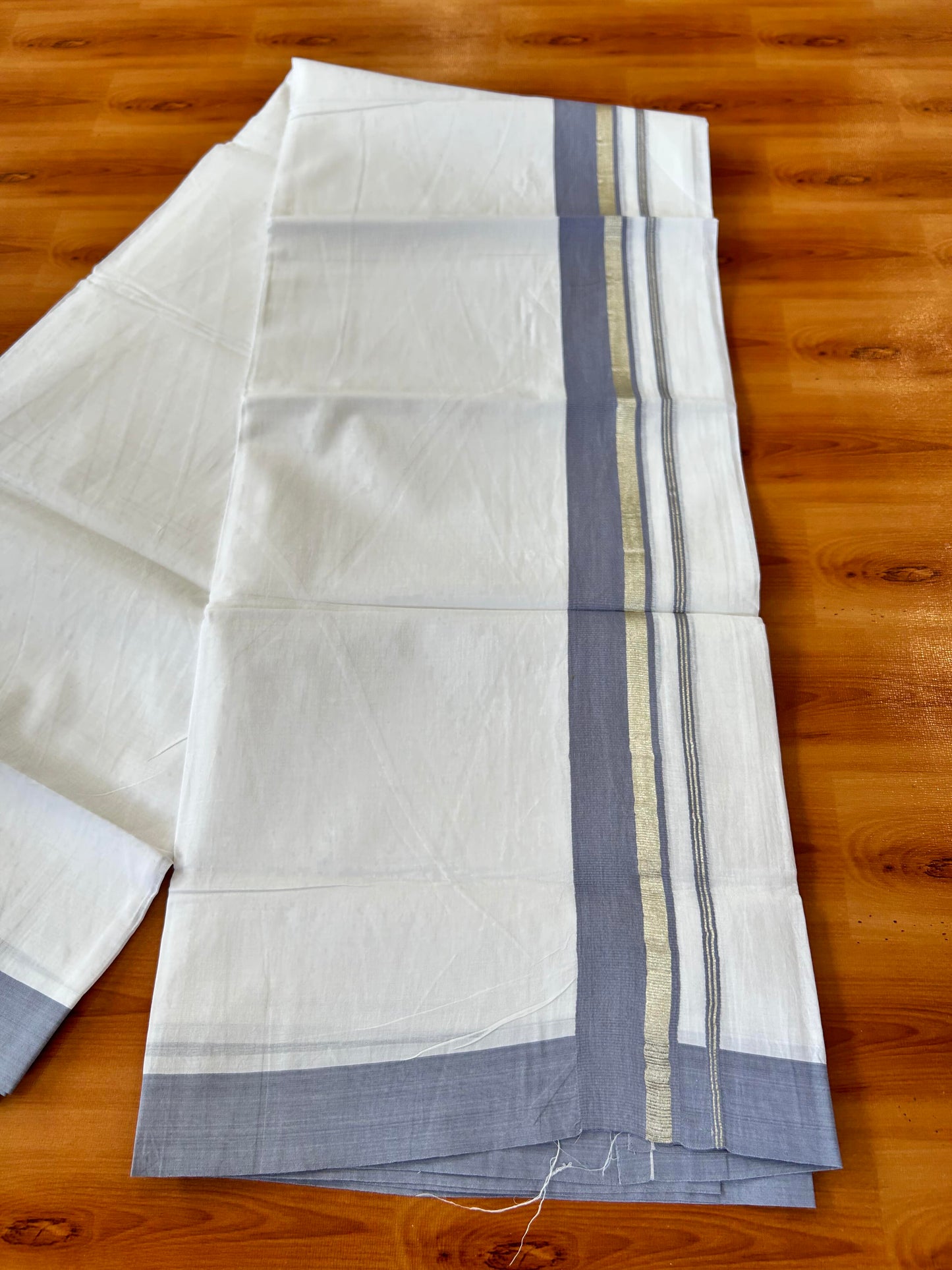 Pure White Double Mundu/Dhoti - 20% Discount ! Kaitharikada Balaramapuram 100% Cotton - 100x80 - 1.5 inch Silver Kasav & Blue Grey Stripes Kara 3.80 mtr (8 muzham) - 3 KK5456 THI