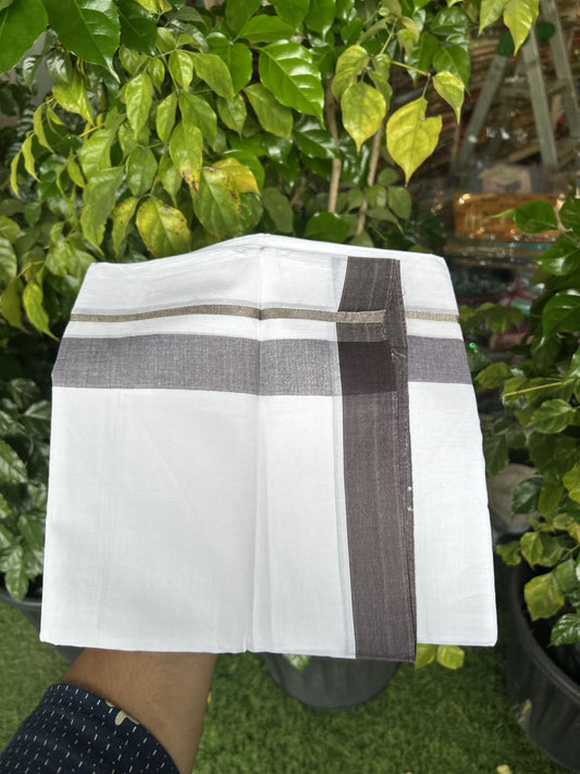 20% Discount! KaithariKada Balaramapuram 100% Cotton Double Pure white Mundu/Dhoti - 100X80 - 1.25 inch Silver Kasav Pastel Brown shaded kara - 4 mtr ( 8.5 muzham) - 52 KK5341 VIN