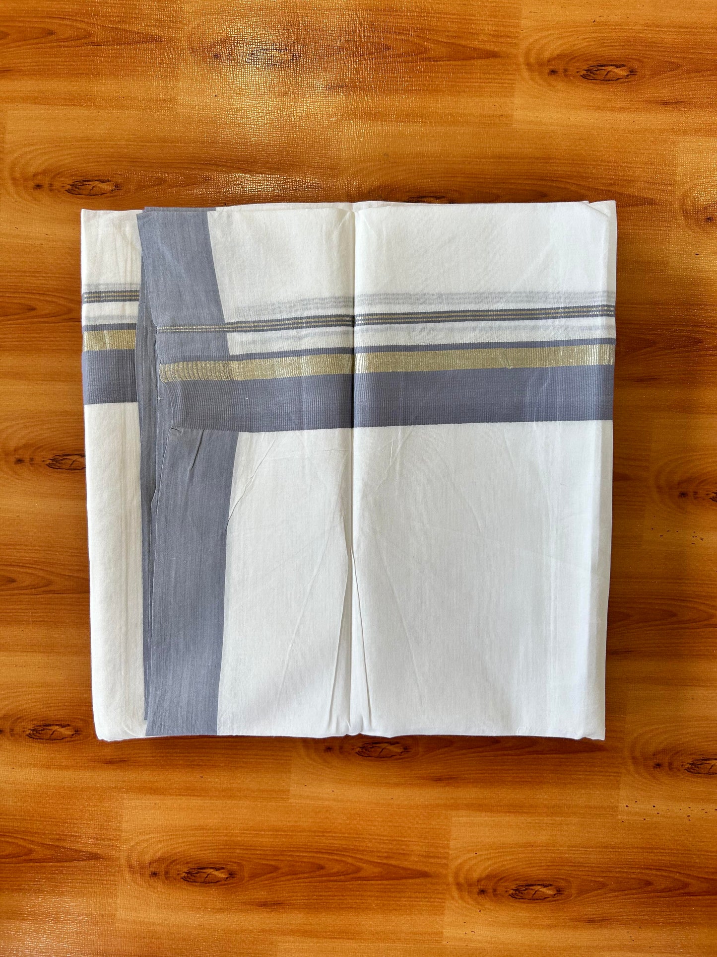 Pure White Double Mundu/Dhoti - 20% Discount ! Kaitharikada Balaramapuram 100% Cotton - 100x80 - 1.5 inch Silver Kasav & Blue Grey Stripes Kara 3.80 mtr (8 muzham) - 3 KK5456 THI
