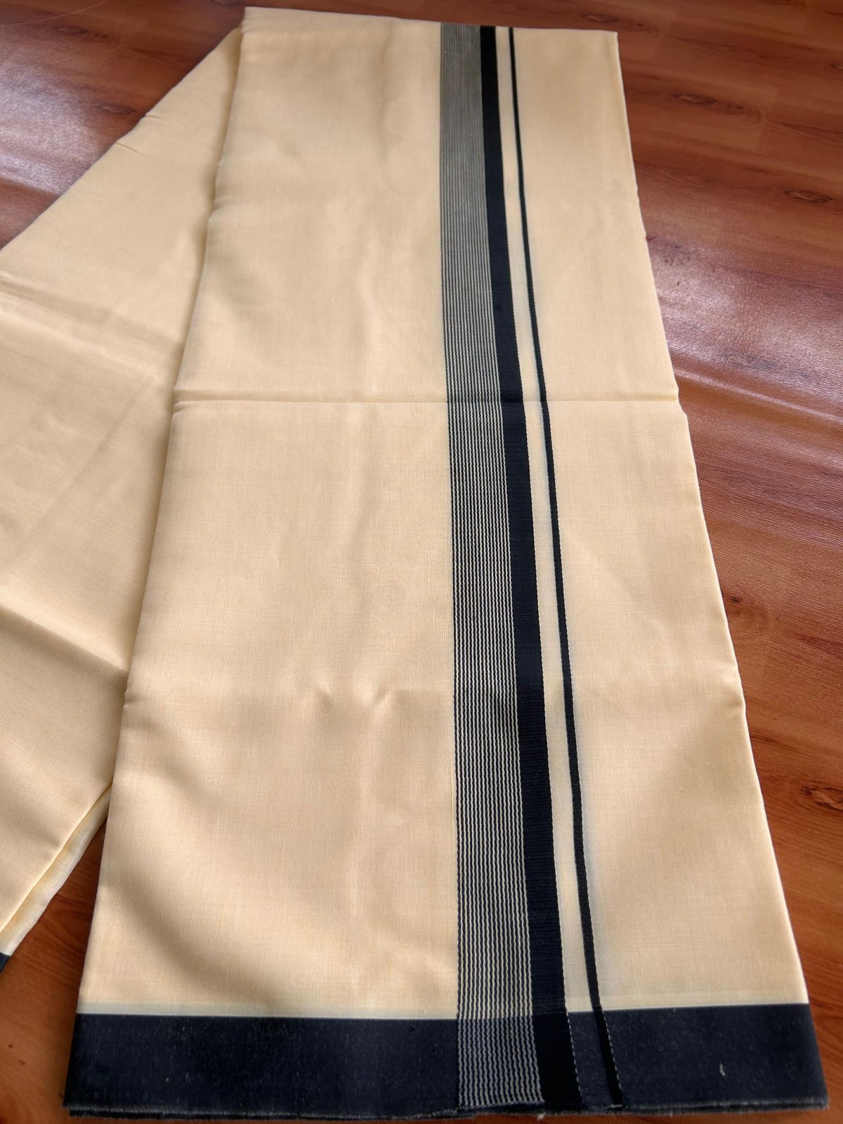 Kannur Yellow Double Mundu/Dhoti - 20% Discount! KaithariKada - 60s - 50% Cotton & 50% Polyester - Kannur Yellow Colour Body with 1.25 inch Black Striped Kara - 4 mtr (8.5 muzham) - 7 KK5522 VAS
