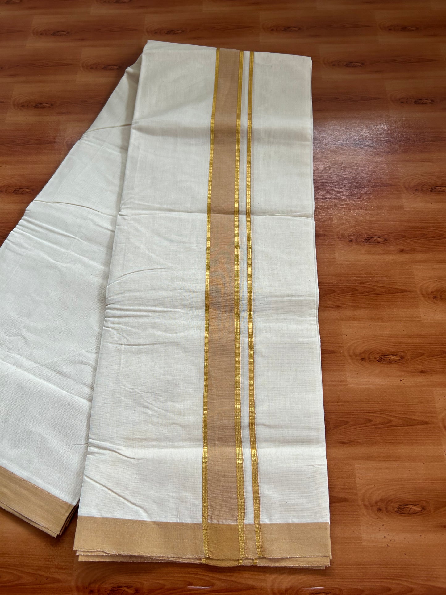 20% Discount!! KaithariKada Balaramapuram 100% Cotton Double Off White - (Unbleached) Mundu/Dhoti-100x80 - 1.25 inch Gold Kasav & Orange Brown Shaded Striped Kara- 3.75 mtr (8 Muzham) - 33 KK5381 ASH