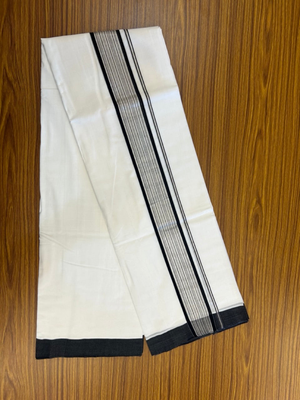 25% Discount!! New Ultra Pure White Thread Handloom Balaramapuram - 100% Mercerised Cotton Double Mundu/Dhoti - 120 x120 - Silver Kasav & Black Striped Kara - 1 KK5307 SAS