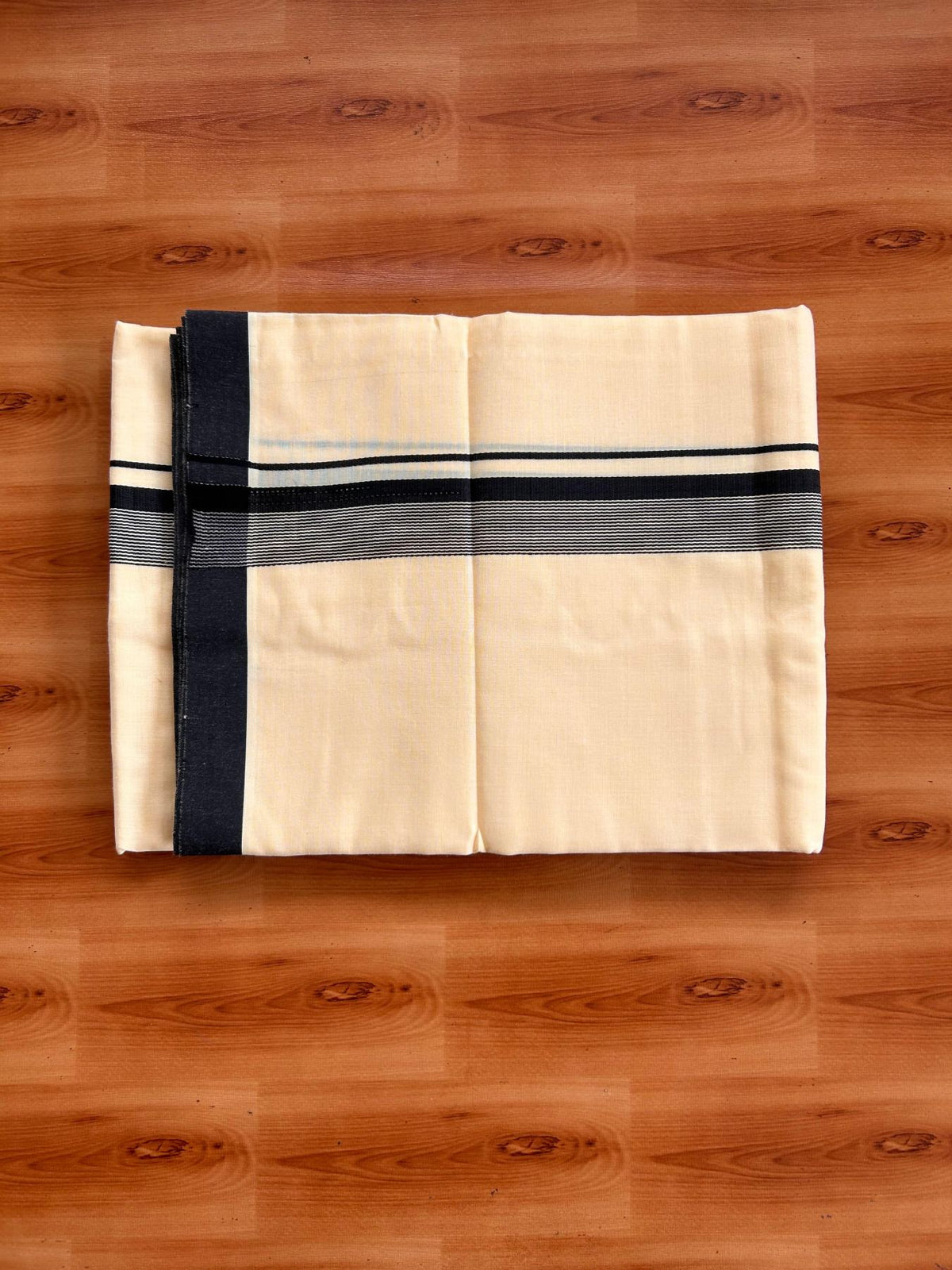 Kannur Yellow Double Mundu/Dhoti - 20% Discount! KaithariKada - 60s - 50% Cotton & 50% Polyester - Kannur Yellow Colour Body with 1.25 inch Black Striped Kara - 4 mtr (8.5 muzham) - 7 KK5522 VAS