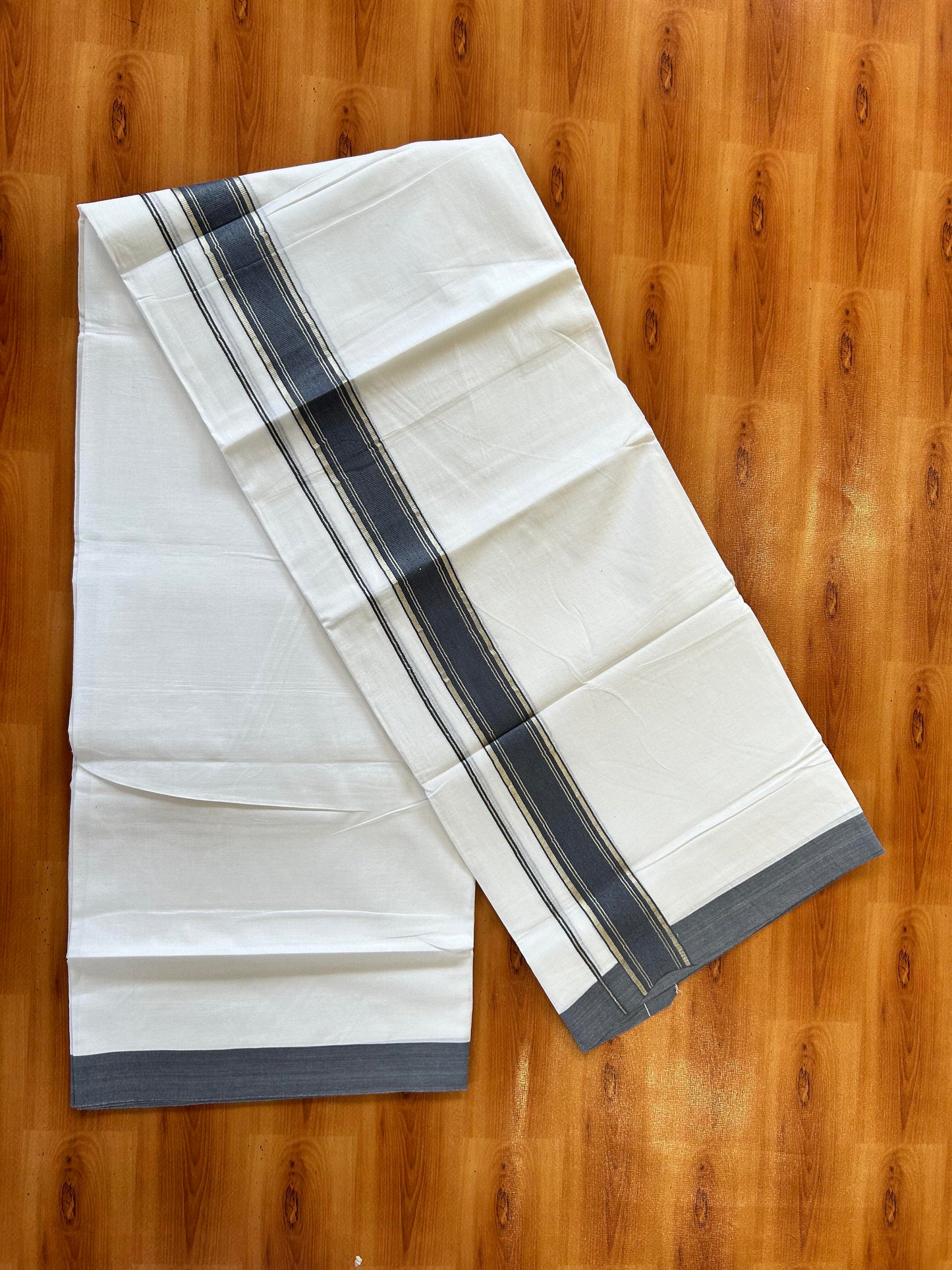 Pure White Double Mundu/Dhoti - 20% Discount ! Kaitharikada 100% Cotton - 100x80 - 1.75 inch Silver Kasav & Blue Grey Stripes Kara 3.80 mtr (8 muzham) - 25 KK5456 THI