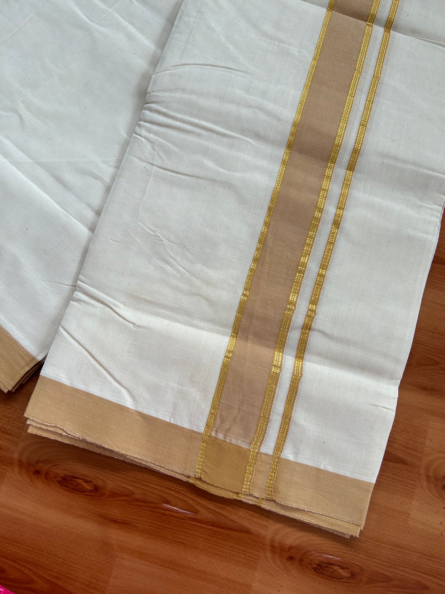 20% Discount!! KaithariKada Balaramapuram 100% Cotton Double Off White - (Unbleached) Mundu/Dhoti-100x80 - 1.25 inch Gold Kasav & Orange Brown Shaded Striped Kara- 3.75 mtr (8 Muzham) - 33 KK5381 ASH