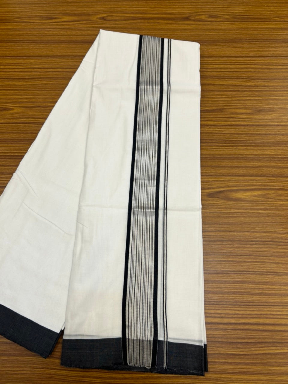 25% Discount!! New Ultra Pure White Thread Handloom Balaramapuram - 100% Mercerised Cotton Double Mundu/Dhoti - 120 x120 - Silver Kasav & Black Striped Kara - 1 KK5307 SAS