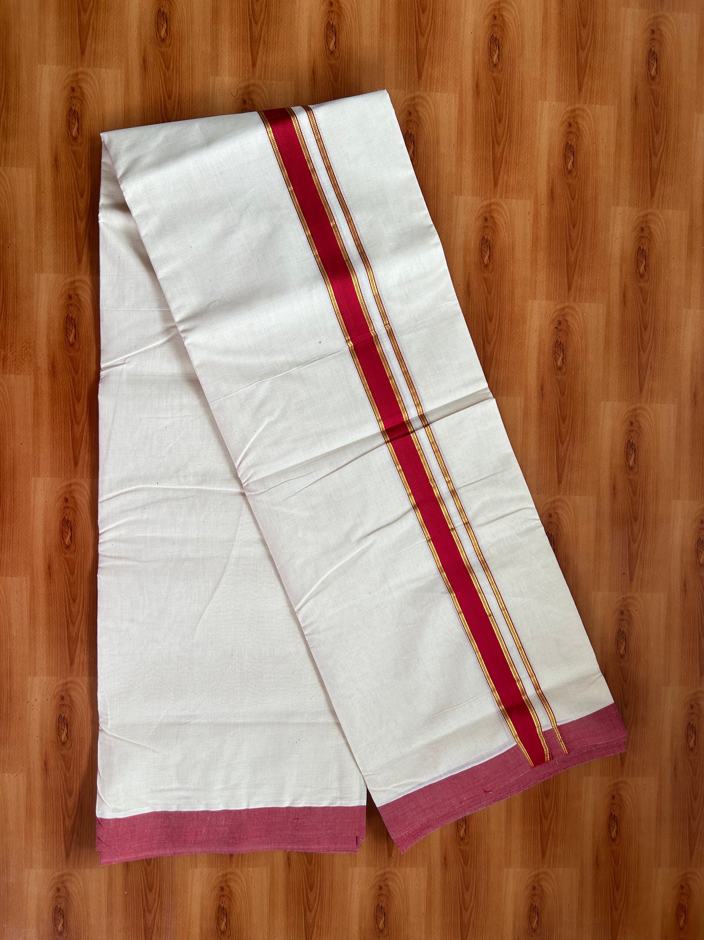 20% Discount!! KaithariKada Balaramapuram 100% Cotton Double Off White - (Unbleached) Mundu/Dhoti-100x100 - 1.25 inch Gold Kasav & Red Striped Katti Kara- 3.75 mtr (8 Muzham) - 32 KK5381 ASH
