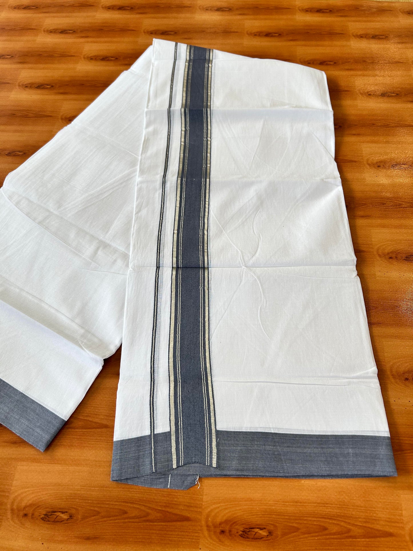Pure White Double Mundu/Dhoti - 20% Discount ! Kaitharikada 100% Cotton - 100x80 - 1.75 inch Silver Kasav & Blue Grey Stripes Kara 3.80 mtr (8 muzham) - 25 KK5456 THI