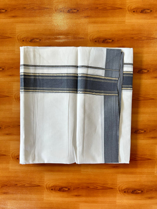 Pure White Double Mundu/Dhoti - 20% Discount ! Kaitharikada 100% Cotton - 100x80 - 1.75 inch Silver Kasav & Blue Grey Stripes Kara 3.80 mtr (8 muzham) - 25 KK5456 THI