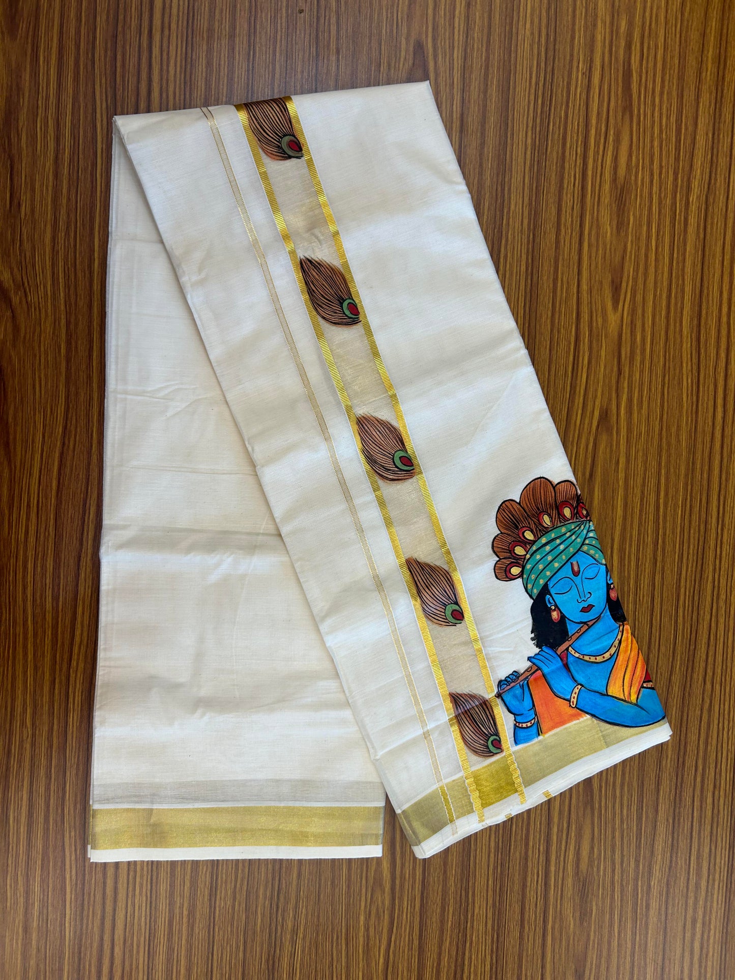 20% Discount! KaithariKada Balaramapuram 100% Cotton off white Double - (Unbleached) Mundu/Dhoti (80s) - 1.75 Inch Gold Kasavu Hand Painted Peacock Feather & Krishna - 35 KK5363 VIN