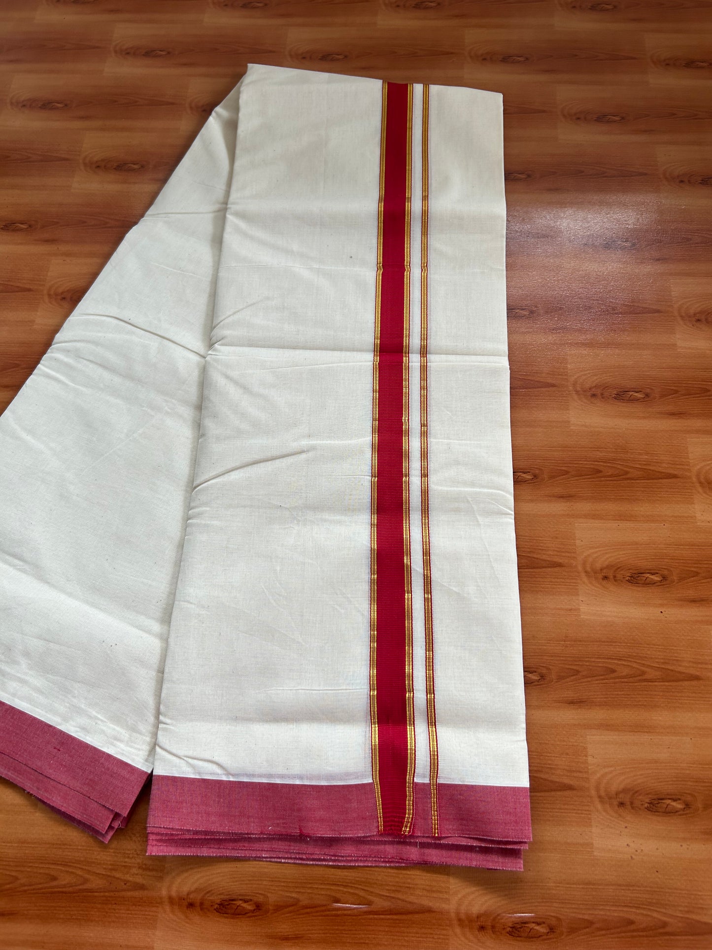 20% Discount!! KaithariKada Balaramapuram 100% Cotton Double Off White - (Unbleached) Mundu/Dhoti-100x100 - 1.25 inch Gold Kasav & Red Striped Katti Kara- 3.75 mtr (8 Muzham) - 32 KK5381 ASH