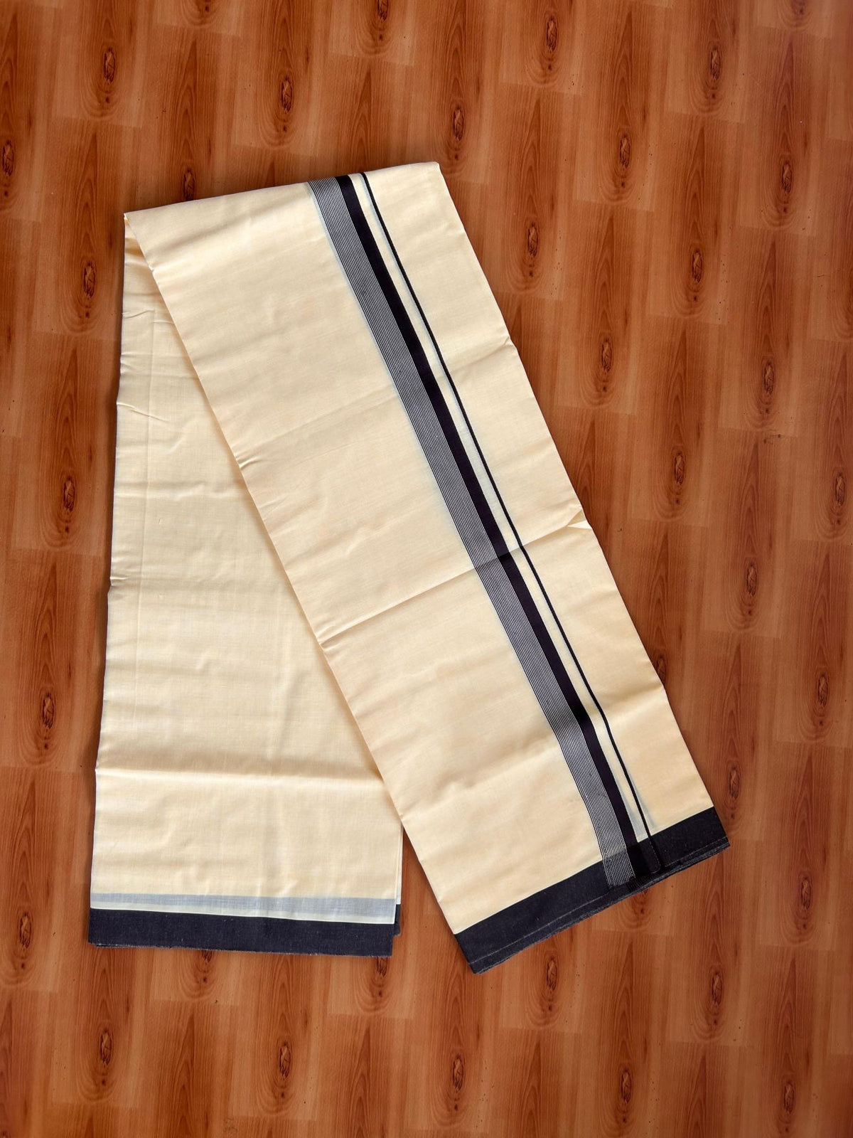Kannur Yellow Double Mundu/Dhoti - 20% Discount! KaithariKada - 60s - 50% Cotton & 50% Polyester - Kannur Yellow Colour Body with 1.25 inch Brown Striped Kara - 4 mtr (8.5 muzham) - 8 KK5522 VAS