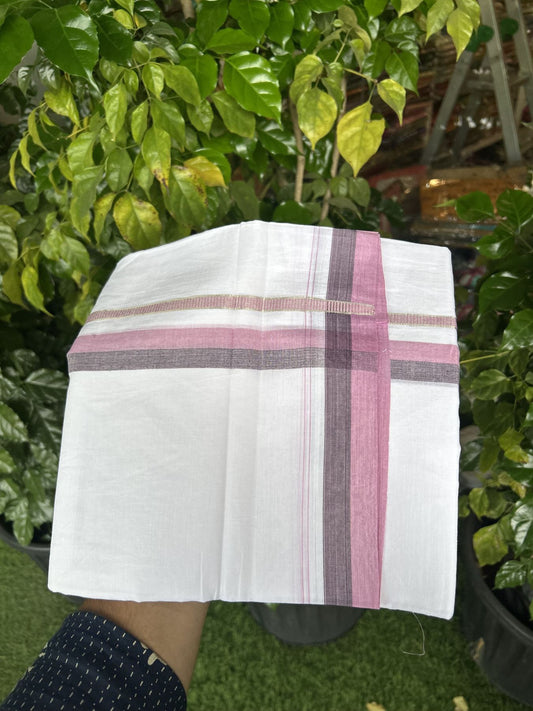 20% Discount! KaithariKada Balaramapuram 100% Cotton Double Pure white Mundu/Dhoti - 100X80 - 1.25 inch Silver Kasav Pink & Black shaded kara - 4 mtr ( 8.5 muzham) - 80 KK5341 VIN
