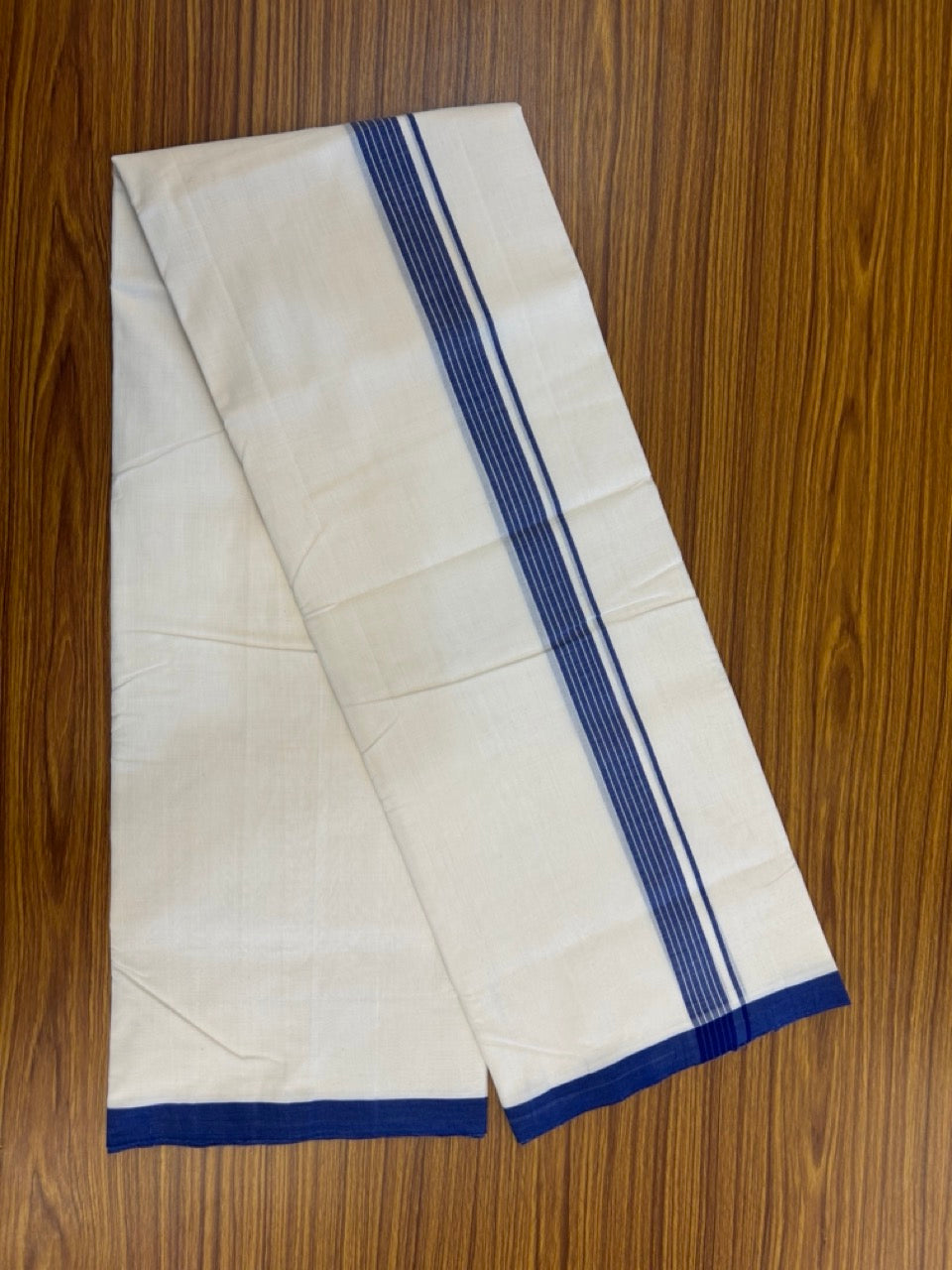 25% Discount ! Kaitharikada Handloom Unakkupaav Balaramapuram - 100% Pure Cotton Off White - (Unbleached) Double Mundu/Dhoti - 100x80 - 1 inch Blue Striped Kara 4 mtr (8.5 Muzham) - 2 KK5307 SAS