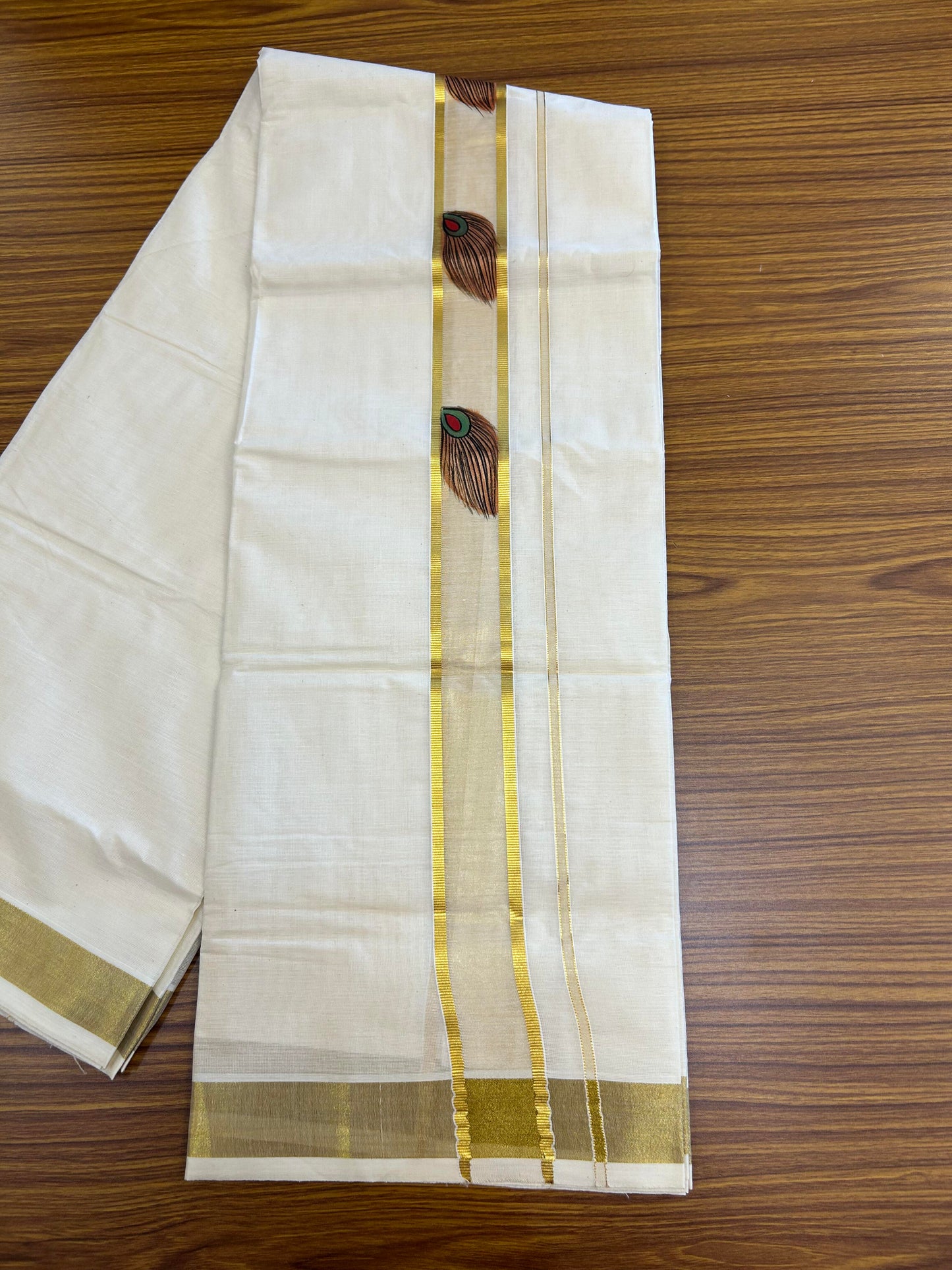 20% Discount! KaithariKada Balaramapuram 100% Cotton off white Double - (Unbleached) Mundu/Dhoti (80s) - 1.75 Inch Gold Kasavu Hand Painted Peacock Feather & Krishna - 35 KK5363 VIN