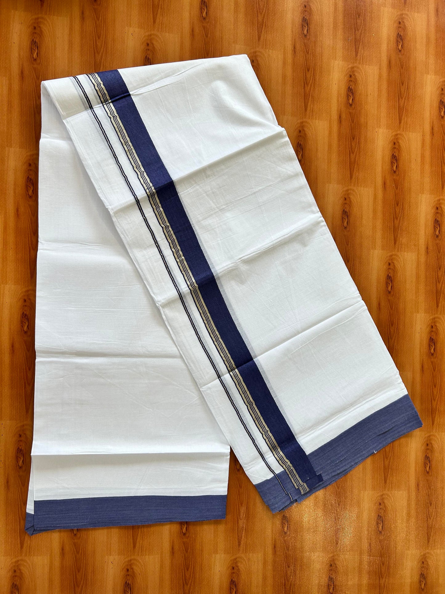 Pure White Double Mundu/Dhoti - 20% Discount ! Kaitharikada 100% Cotton - 100x80 - 1.75 inch Silver Kasav & Navy Blue Stripes Kara 3.80 mtr (8 muzham) - 24 KK5456 THI