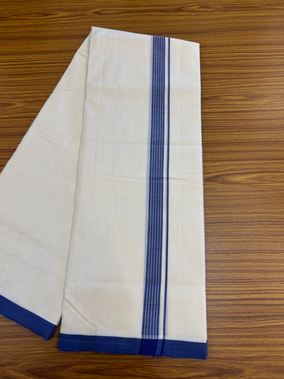 25% Discount ! Kaitharikada Handloom Unakkupaav Balaramapuram - 100% Pure Cotton Off White - (Unbleached) Double Mundu/Dhoti - 100x80 - 1 inch Blue Striped Kara 4 mtr (8.5 Muzham) - 2 KK5307 SAS