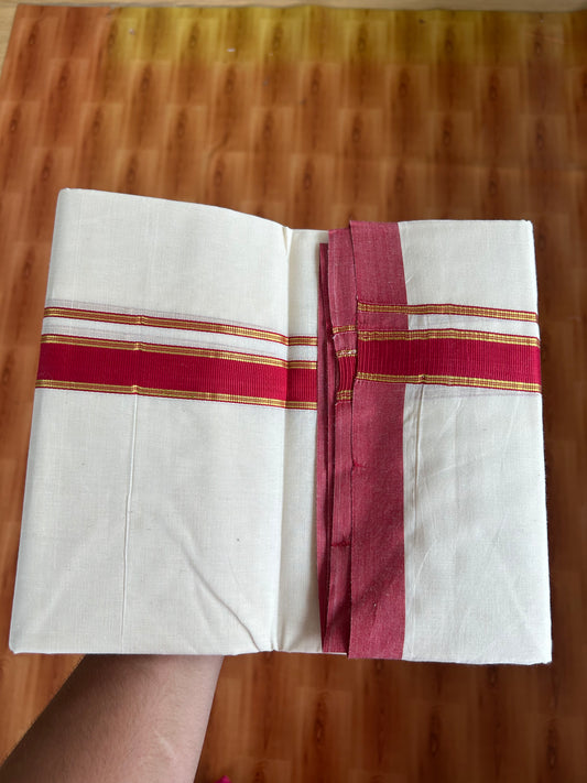 20% Discount!! KaithariKada Balaramapuram 100% Cotton Double Off White - (Unbleached) Mundu/Dhoti-100x100 - 1.25 inch Gold Kasav & Red Striped Katti Kara- 3.75 mtr (8 Muzham) - 32 KK5381 ASH