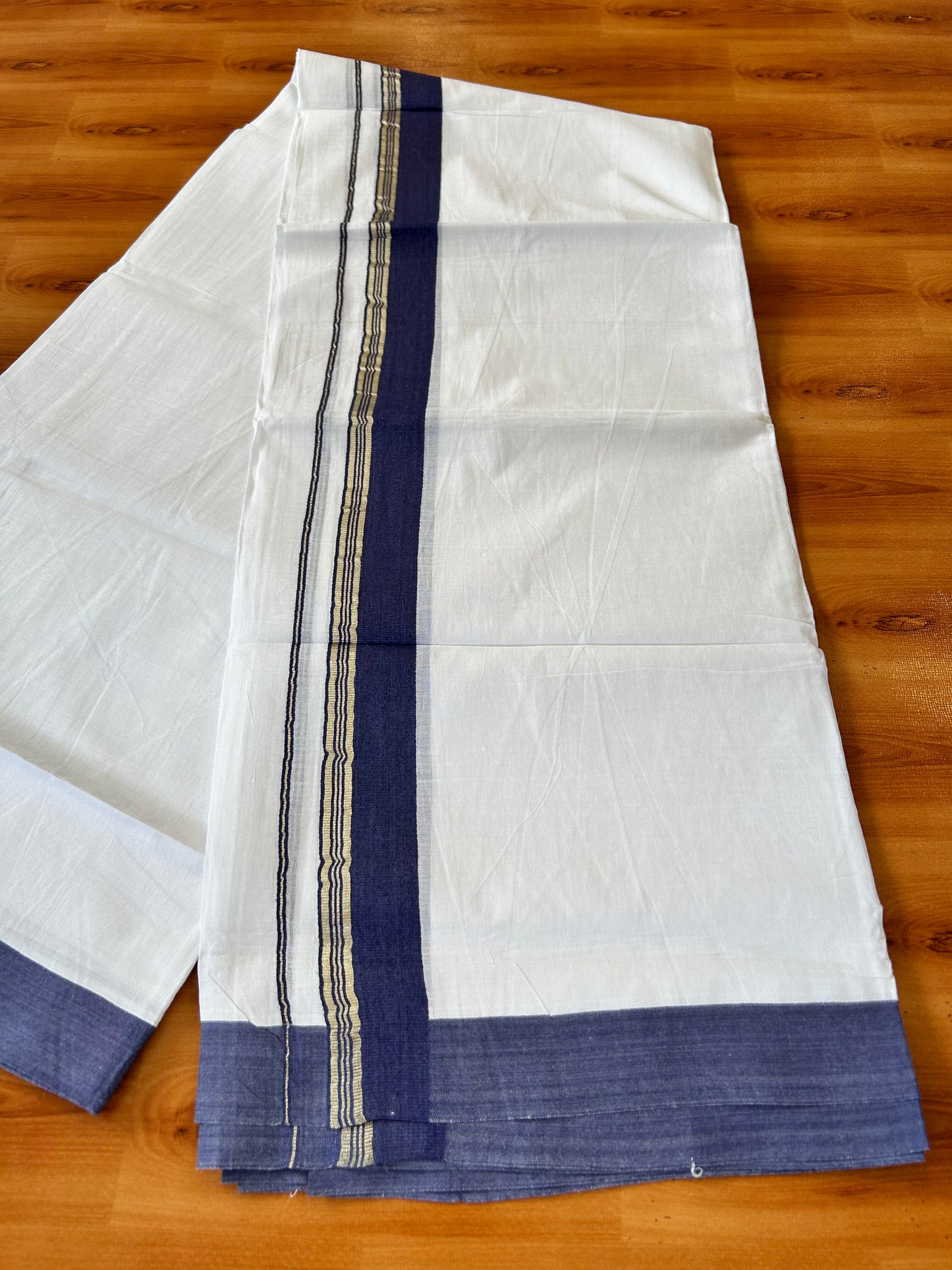 Pure White Double Mundu/Dhoti - 20% Discount ! Kaitharikada 100% Cotton - 100x80 - 1.75 inch Silver Kasav & Navy Blue Stripes Kara 3.80 mtr (8 muzham) - 24 KK5456 THI