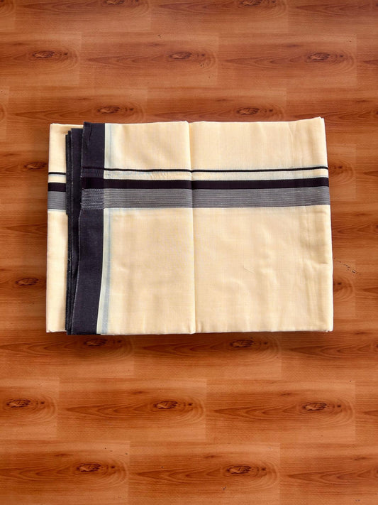 Kannur Yellow Double Mundu/Dhoti - 20% Discount! KaithariKada - 60s - 50% Cotton & 50% Polyester - Kannur Yellow Colour Body with 1.25 inch Brown Striped Kara - 4 mtr (8.5 muzham) - 8 KK5522 VAS
