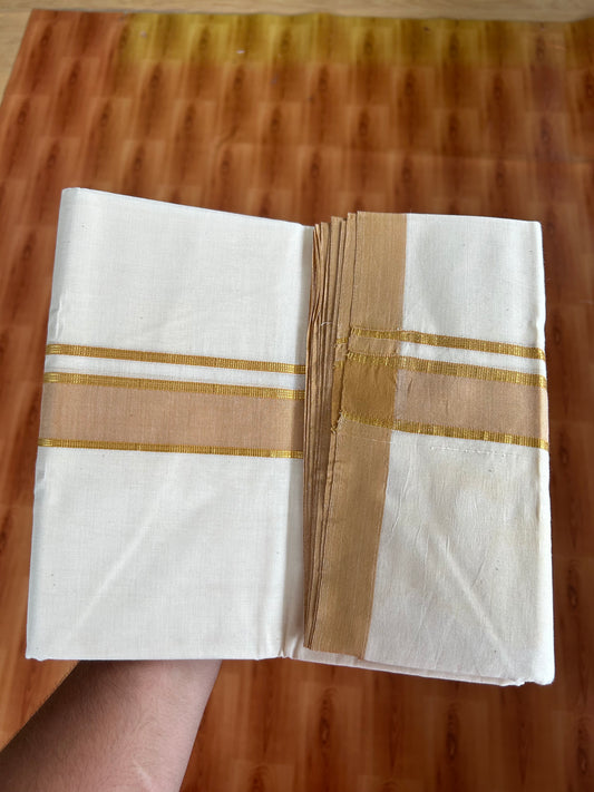20% Discount!! KaithariKada Balaramapuram 100% Cotton Double Off White - (Unbleached) Mundu/Dhoti-100x80 - 1.25 inch Gold Kasav & Orange Brown Shaded Striped Kara- 3.75 mtr (8 Muzham) - 33 KK5381 ASH