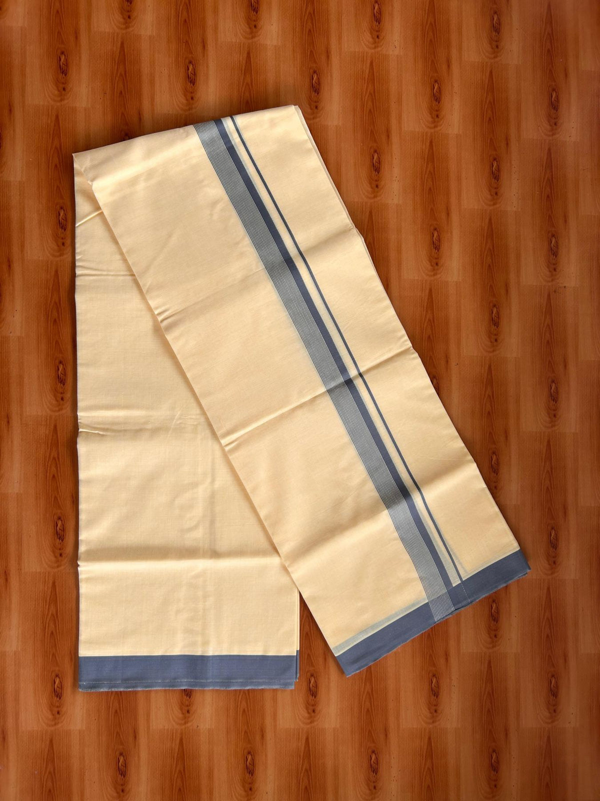 Kannur Yellow Double Mundu/Dhoti - 20% Discount! KaithariKada - 60s - 50% Cotton & 50% Polyester - Kannur Yellow Colour Body with 1.25 inch Ash Grey Striped Kara - 4 mtr (8.5 muzham) - 9 KK5522 VAS