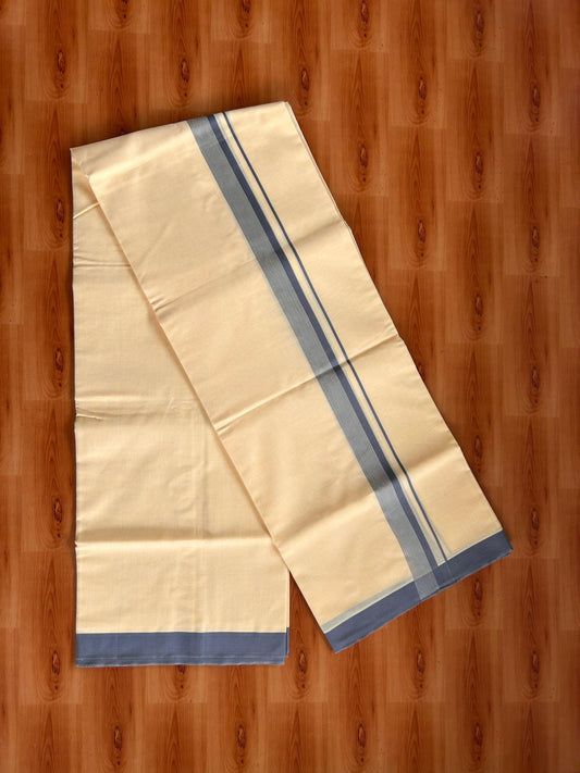 Kannur Yellow Double Mundu/Dhoti - 20% Discount! KaithariKada - 60s - 50% Cotton & 50% Polyester - Kannur Yellow Colour Body with 1.25 inch Ash Grey Striped Kara - 4 mtr (8.5 muzham) - 9 KK5522 VAS