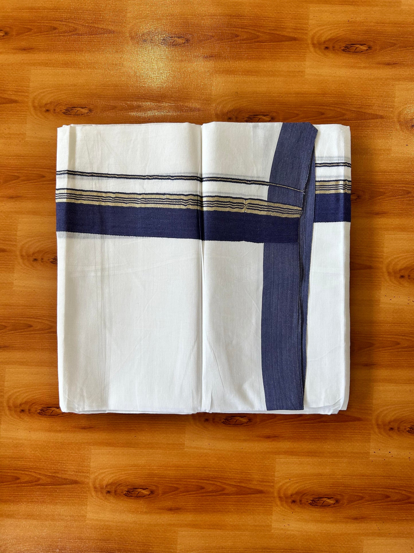 Pure White Double Mundu/Dhoti - 20% Discount ! Kaitharikada 100% Cotton - 100x80 - 1.75 inch Silver Kasav & Navy Blue Stripes Kara 3.80 mtr (8 muzham) - 24 KK5456 THI