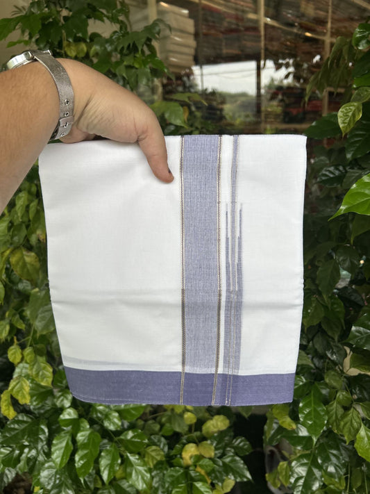 20% Discount! KaithariKada Balaramapuram 100% Cotton Double Pure white Mundu/Dhoti- 100X80 - 1.5 inch Puliyilakkara Silver Kasav & Lavender Violet Chutty Kara - 4 mtr ( 8.5 muzham) - 30 KK5341 VIN