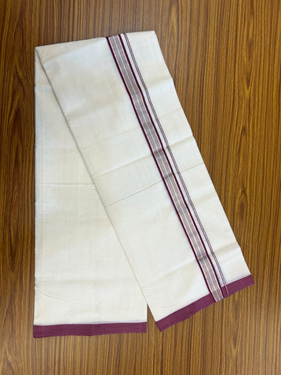 25% Discount ! Kaitharikada Handloom Unakkupaav Balaramapuram - 100% Pure Cotton Off White - (Unbleached) Double Mundu/Dhoti - 100x80 - 1.25 inch Silver Kasav & Wine Purple Striped Kara 4 mtr (8.5 Muzham) - 3 KK5307 SAS