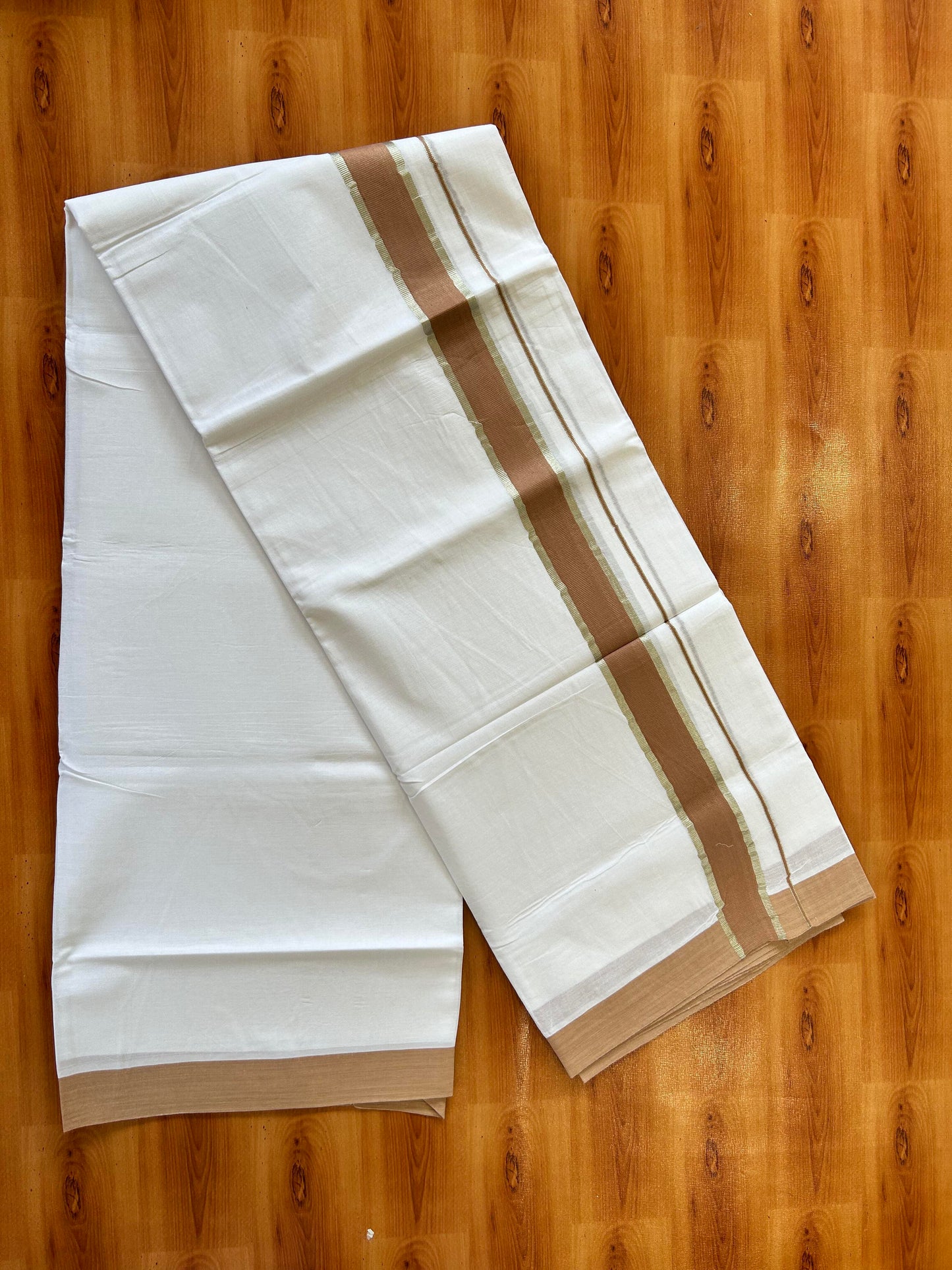 Pure White Double Mundu/Dhoti - 20% Discount ! Kaitharikada Balaramapuram 100% Cotton - 100x80 - 1.5 inch Silver Kasav & Soft Brown Stripes Kara 3.80 mtr (8 muzham) - 2 KK5456 THI
