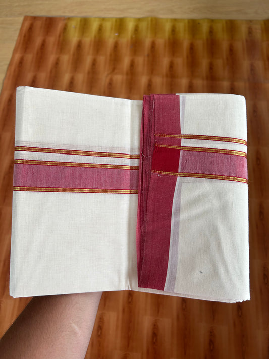 20% Discount!! KaithariKada Balaramapuram 100% Cotton Double Off White - (Unbleached) Mundu/Dhoti-100x80 - 1.25 inch Gold Kasav & Red Shaded Striped Kara- 3.75 mtr (8 Muzham) - 34 KK5381 ASH