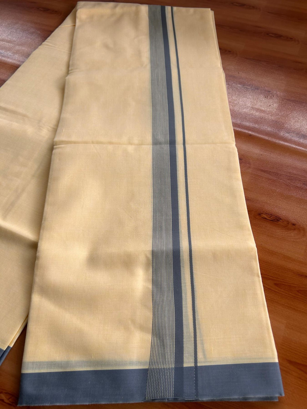 Kannur Yellow Double Mundu/Dhoti - 20% Discount! KaithariKada - 60s - 50% Cotton & 50% Polyester - Kannur Yellow Colour Body with 1.25 inch Ash Grey Striped Kara - 4 mtr (8.5 muzham) - 9 KK5522 VAS