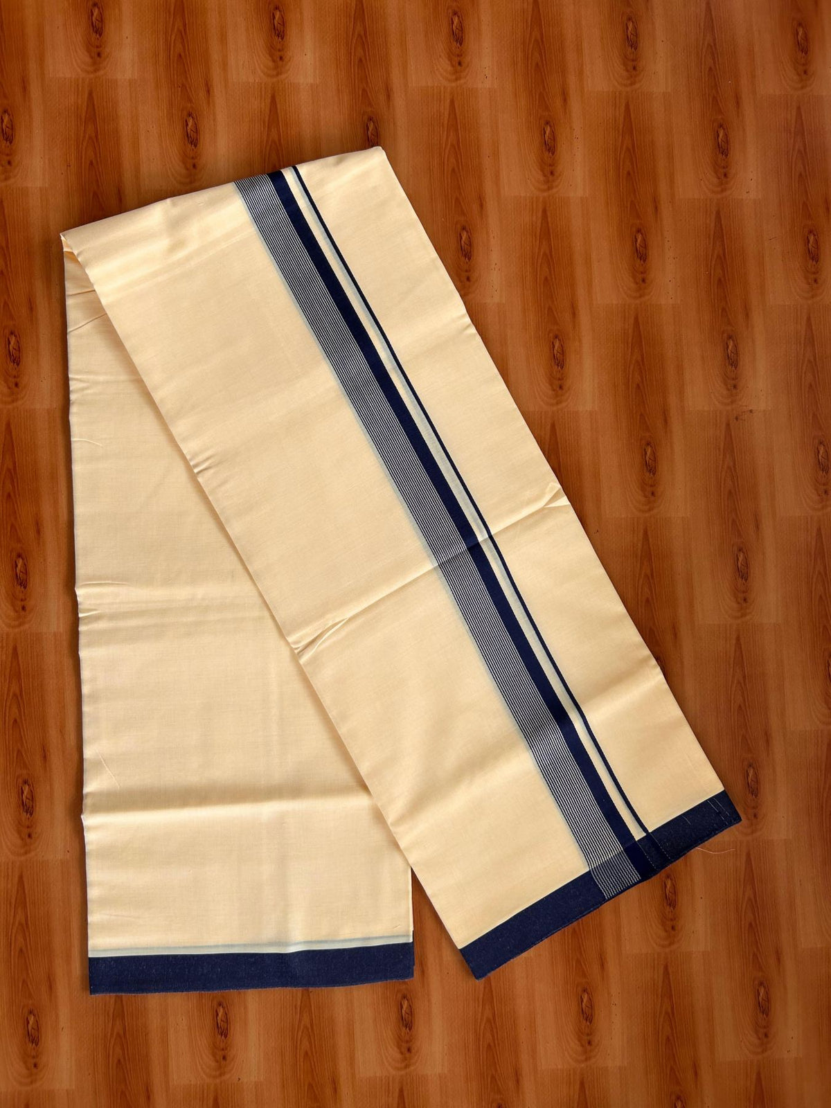 Kannur Yellow Double Mundu/Dhoti - 20% Discount! KaithariKada - 60s - 50% Cotton & 50% Polyester - Kannur Yellow Colour Body with 1.25 inch Navy blue Striped Kara - 4 mtr (8.5 muzham) - 10 KK5522 VAS