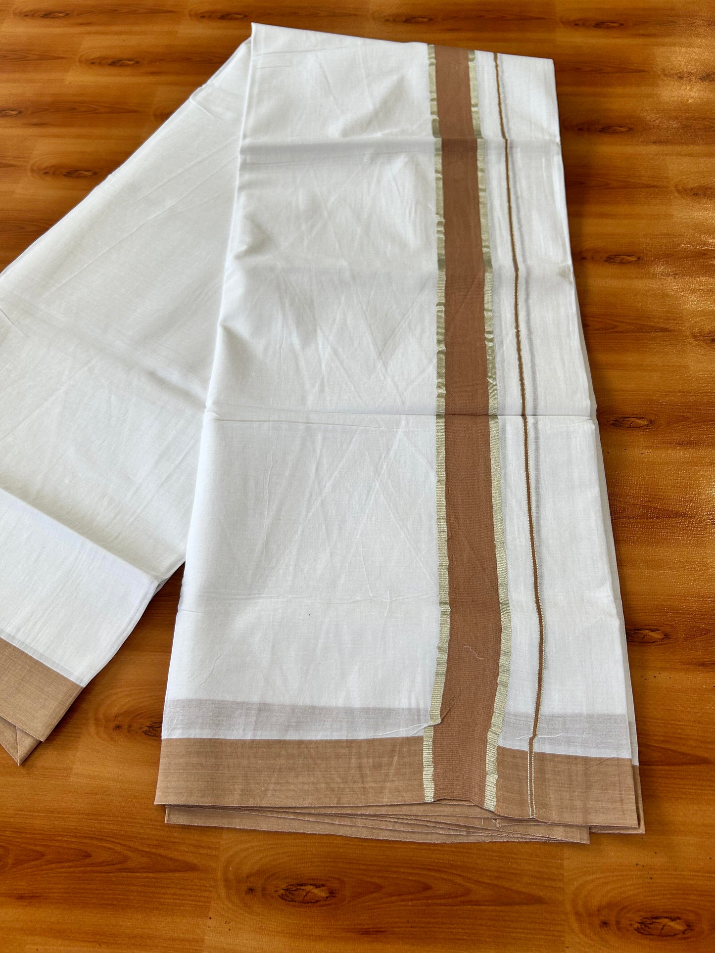 Pure White Double Mundu/Dhoti - 20% Discount ! Kaitharikada Balaramapuram 100% Cotton - 100x80 - 1.5 inch Silver Kasav & Soft Brown Stripes Kara 3.80 mtr (8 muzham) - 2 KK5456 THI
