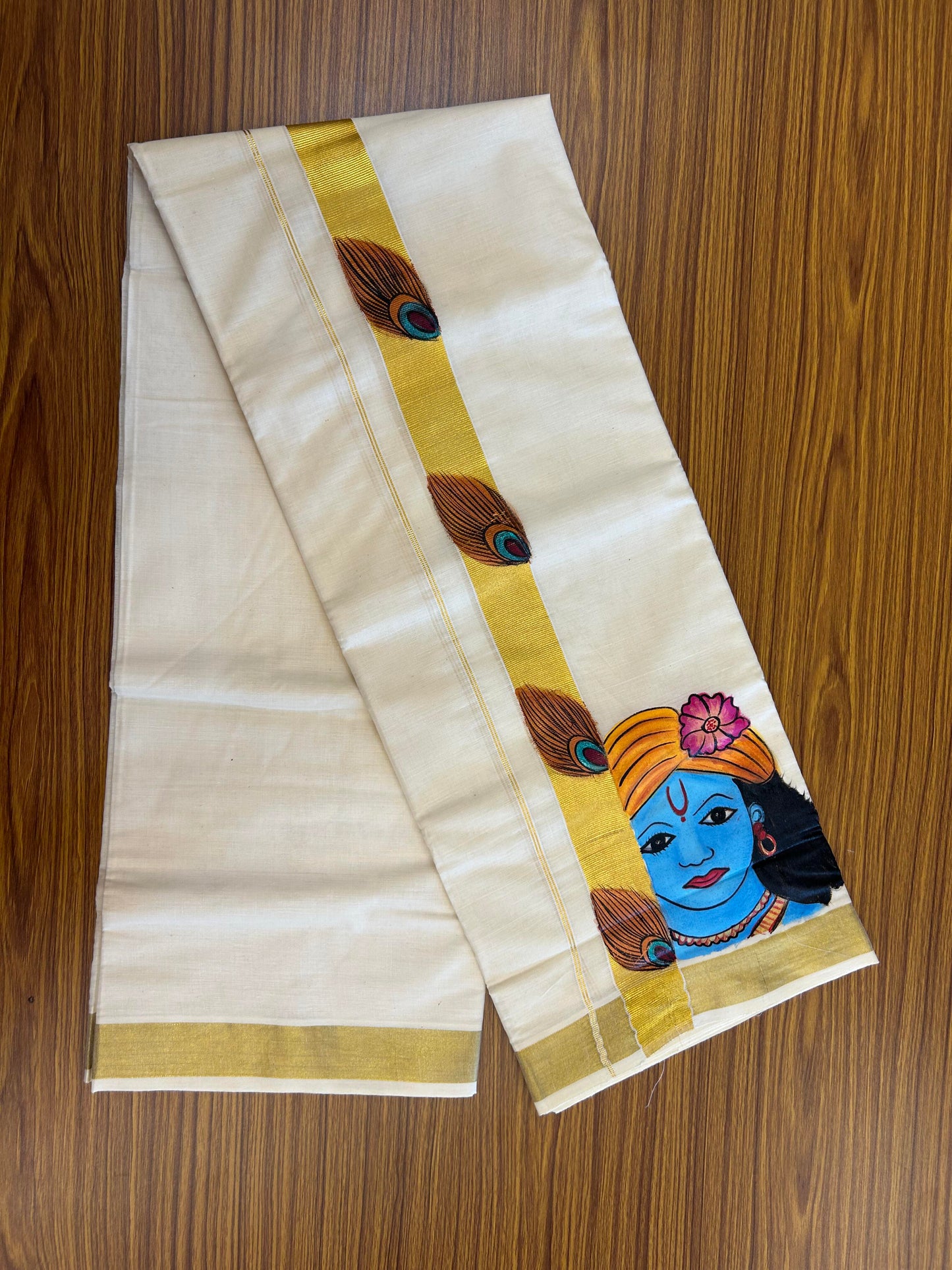 20% Discount! KaithariKada Balaramapuram 100% Cotton off white Double - (Unbleached) Mundu/Dhoti (80s) - 1.5 Inch Gold Kasavu Hand Painted Peacock Feather & Krishna - 37 KK5363 VIN