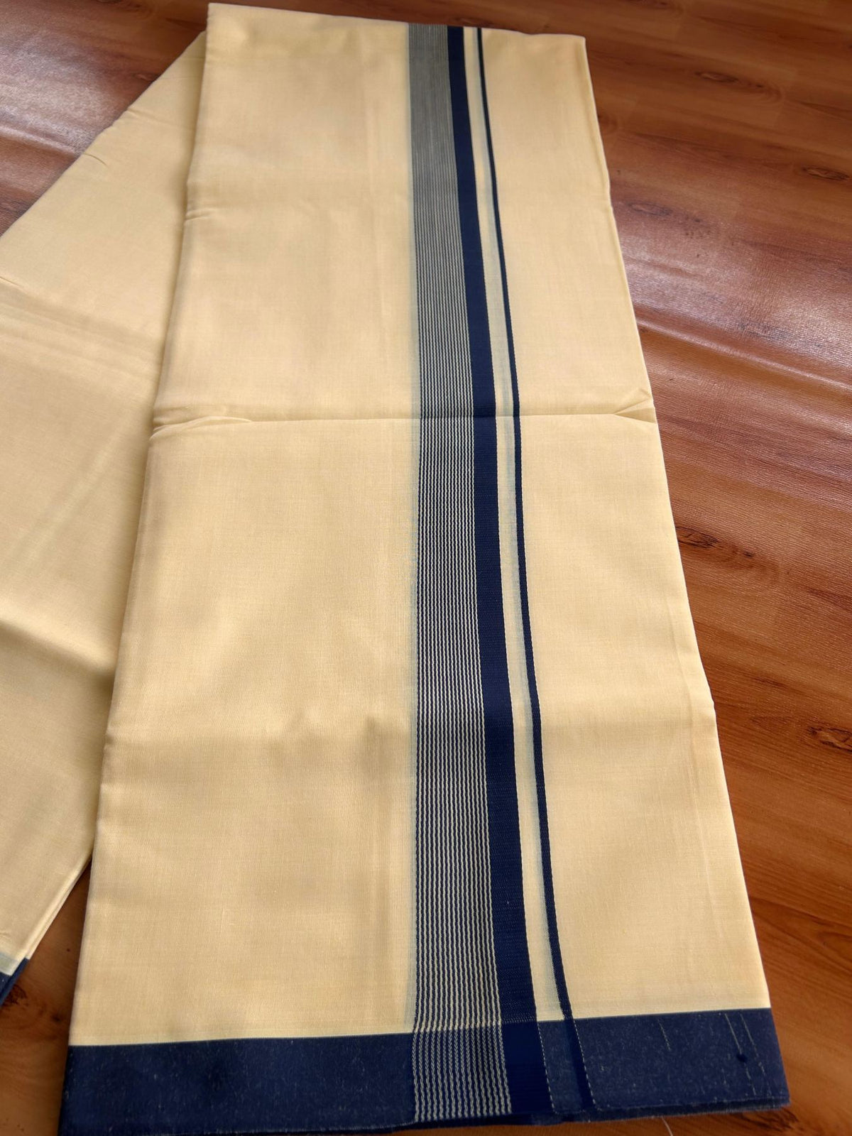 Kannur Yellow Double Mundu/Dhoti - 20% Discount! KaithariKada - 60s - 50% Cotton & 50% Polyester - Kannur Yellow Colour Body with 1.25 inch Navy blue Striped Kara - 4 mtr (8.5 muzham) - 10 KK5522 VAS