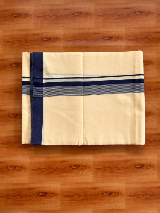 Kannur Yellow Double Mundu/Dhoti - 20% Discount! KaithariKada - 60s - 50% Cotton & 50% Polyester - Kannur Yellow Colour Body with 1.25 inch Navy blue Striped Kara - 4 mtr (8.5 muzham) - 10 KK5522 VAS