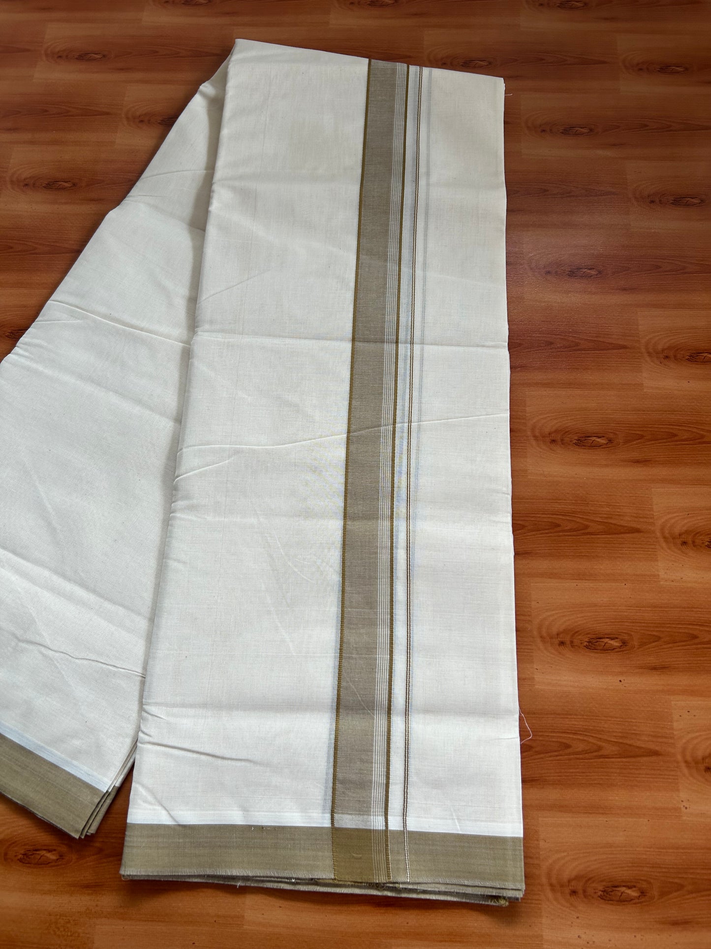20% Discount!! KaithariKada Balaramapuram 100% Cotton Double Off White - (Unbleached) Mundu/Dhoti-100x80 - 1.5 inch Peanut Brown Shaded Striped Kara- 3.75 mtr (8 Muzham) - 18 KK5381 ASH