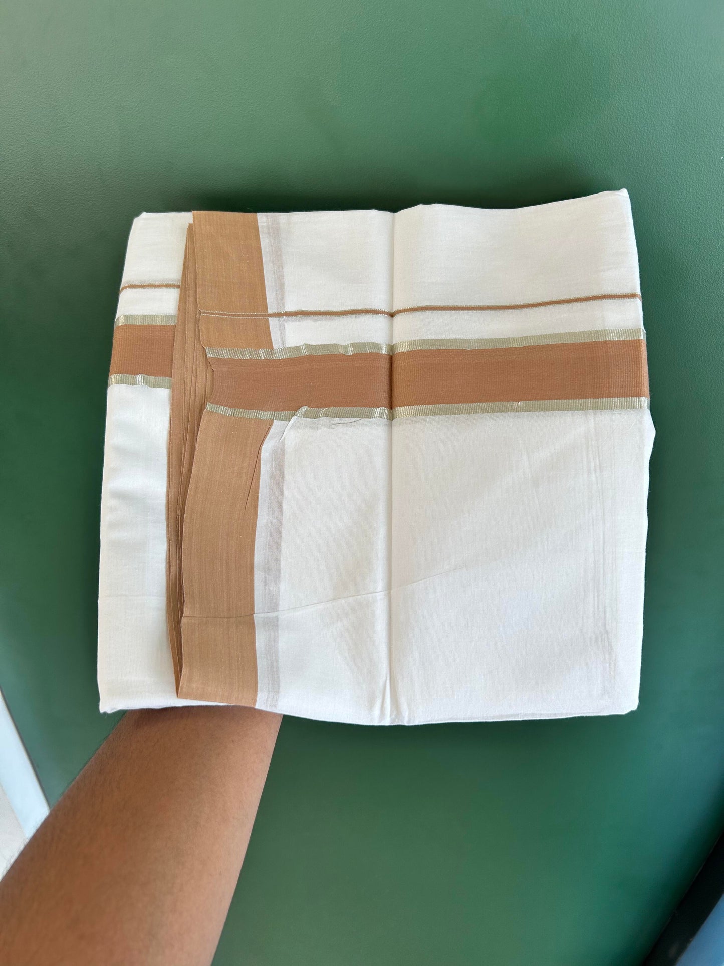Pure White Double Mundu/Dhoti - 20% Discount ! Kaitharikada Balaramapuram 100% Cotton - 100x80 - 1.5 inch Silver Kasav & Soft Brown Stripes Kara 3.80 mtr (8 muzham) - 2 KK5456 THI