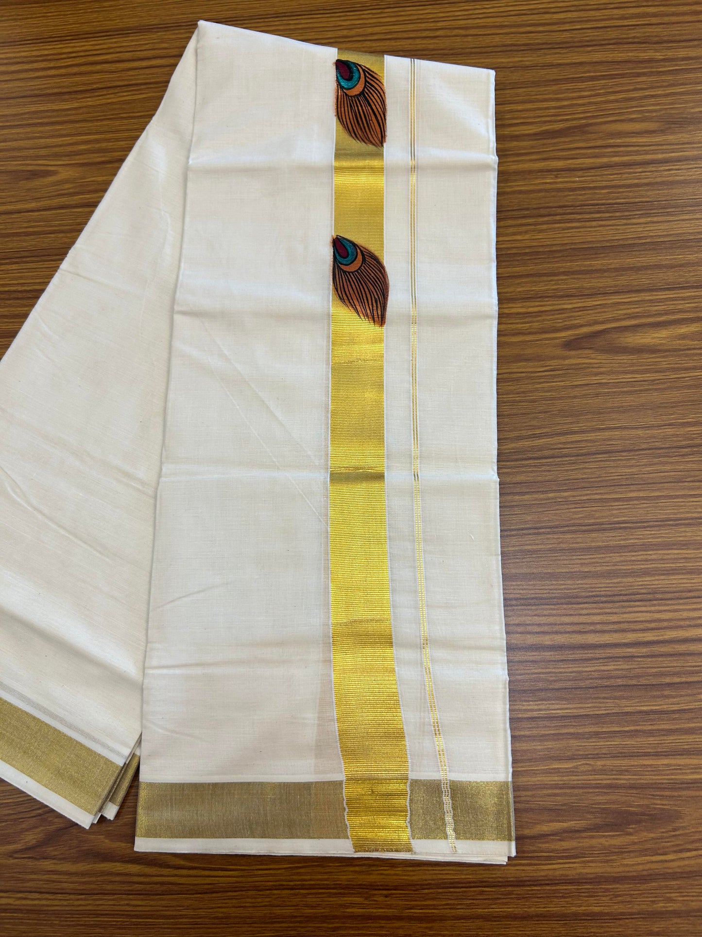 20% Discount! KaithariKada Balaramapuram 100% Cotton off white Double - (Unbleached) Mundu/Dhoti (80s) - 1.5 Inch Gold Kasavu Hand Painted Peacock Feather & Krishna - 37 KK5363 VIN