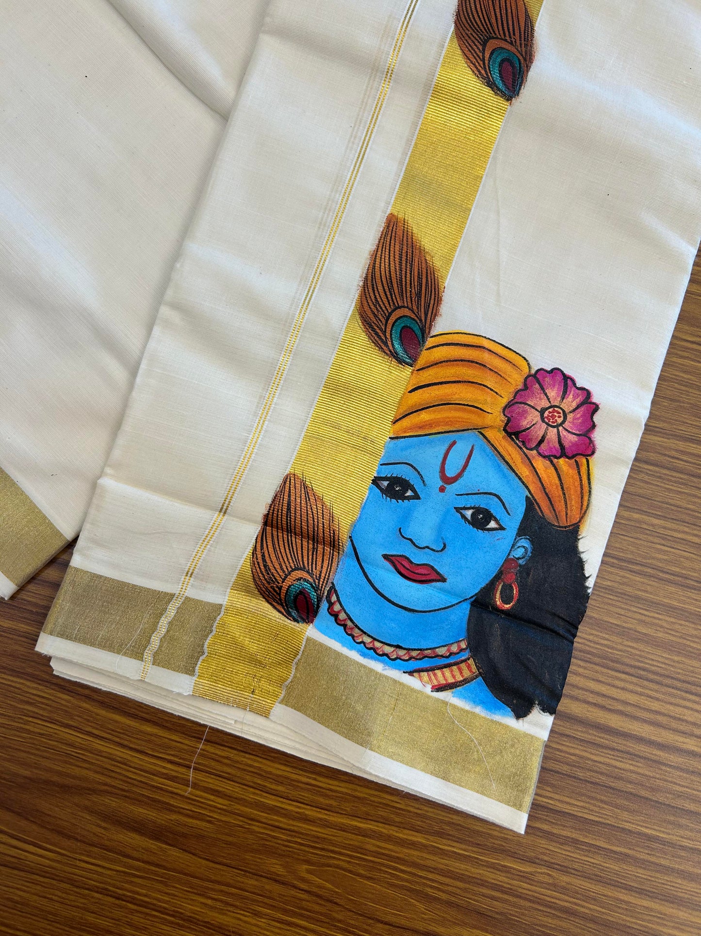 20% Discount! KaithariKada Balaramapuram 100% Cotton off white Double - (Unbleached) Mundu/Dhoti (80s) - 1.5 Inch Gold Kasavu Hand Painted Peacock Feather & Krishna - 37 KK5363 VIN