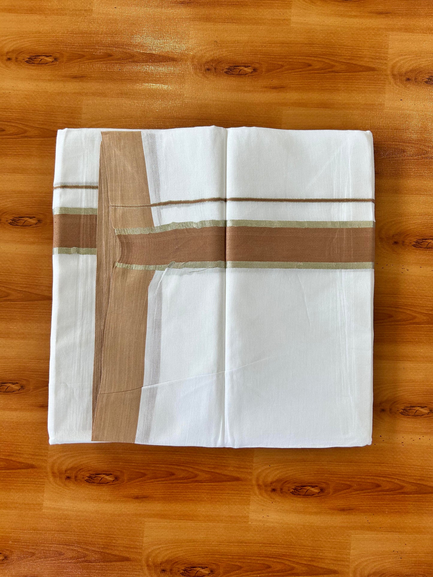 Pure White Double Mundu/Dhoti - 20% Discount ! Kaitharikada Balaramapuram 100% Cotton - 100x80 - 1.5 inch Silver Kasav & Soft Brown Stripes Kara 3.80 mtr (8 muzham) - 2 KK5456 THI