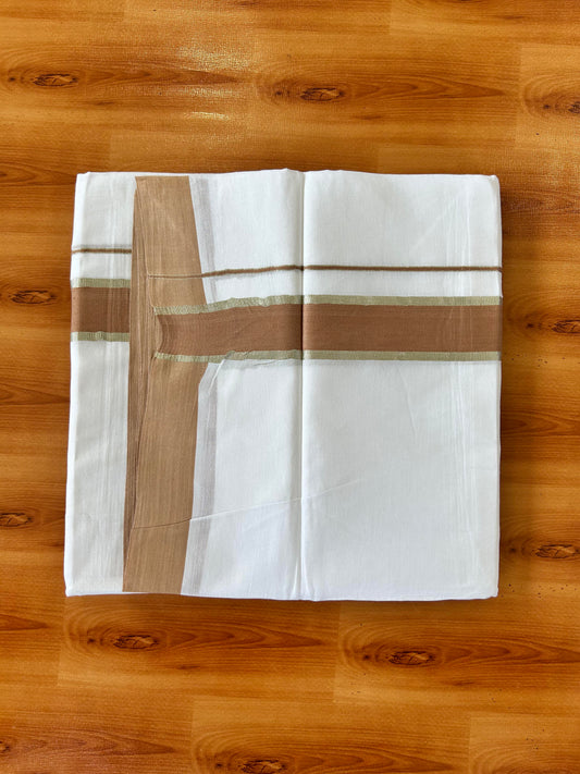 Pure White Double Mundu/Dhoti - 20% Discount ! Kaitharikada 100% Cotton - 100x80 - 1.5 inch Silver Kasav & Soft Brown Stripes Kara 3.80 mtr (8 muzham) - 2 KK5456 THI