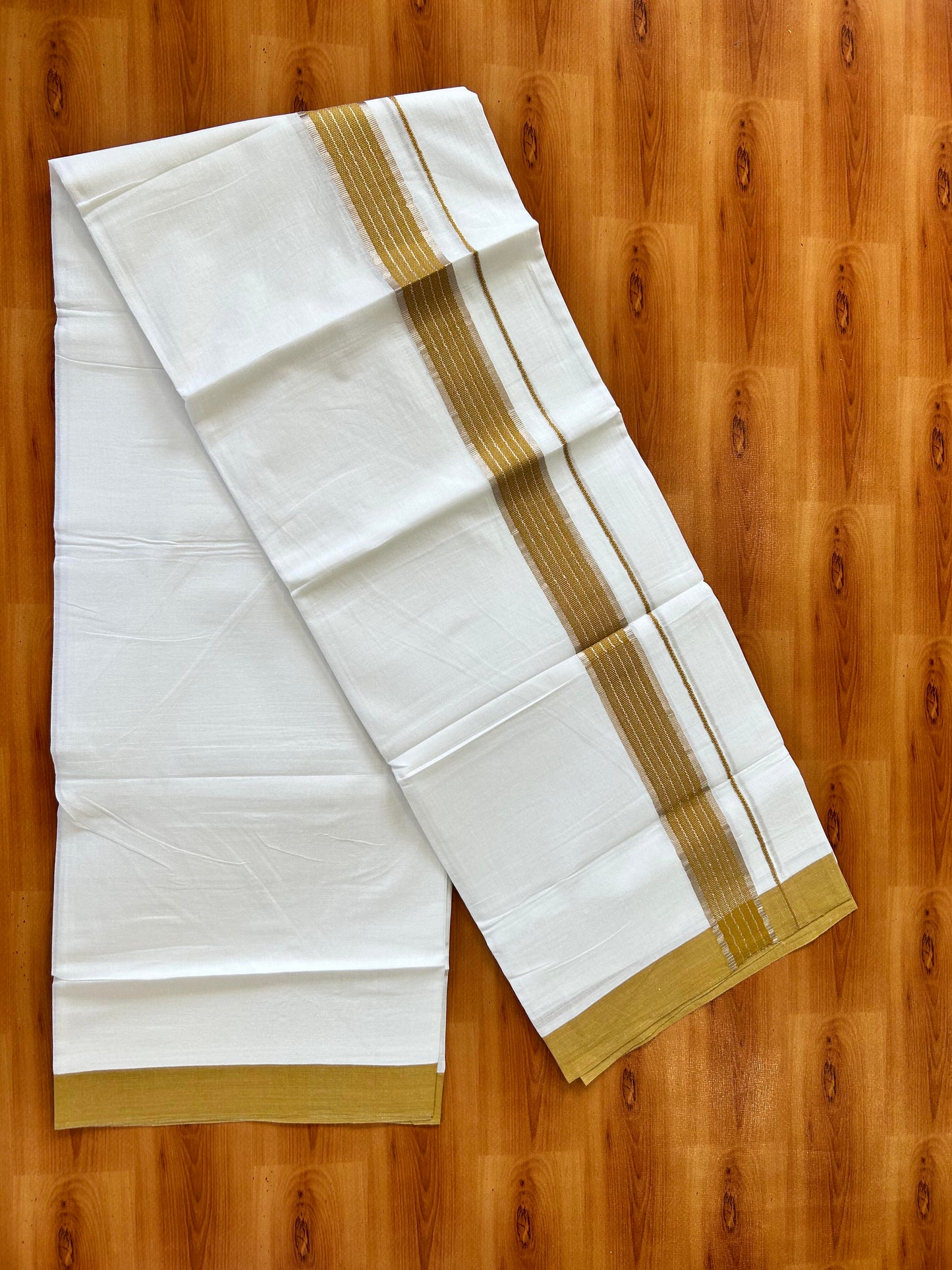Pure White Double Mundu/Dhoti - 20% Discount ! Kaitharikada 100% Cotton - 100x80 - 1.75 inch Silver Kasav & Mustard Stripes Kara 3.80 mtr (8 muzham) - 23 KK5456 THI