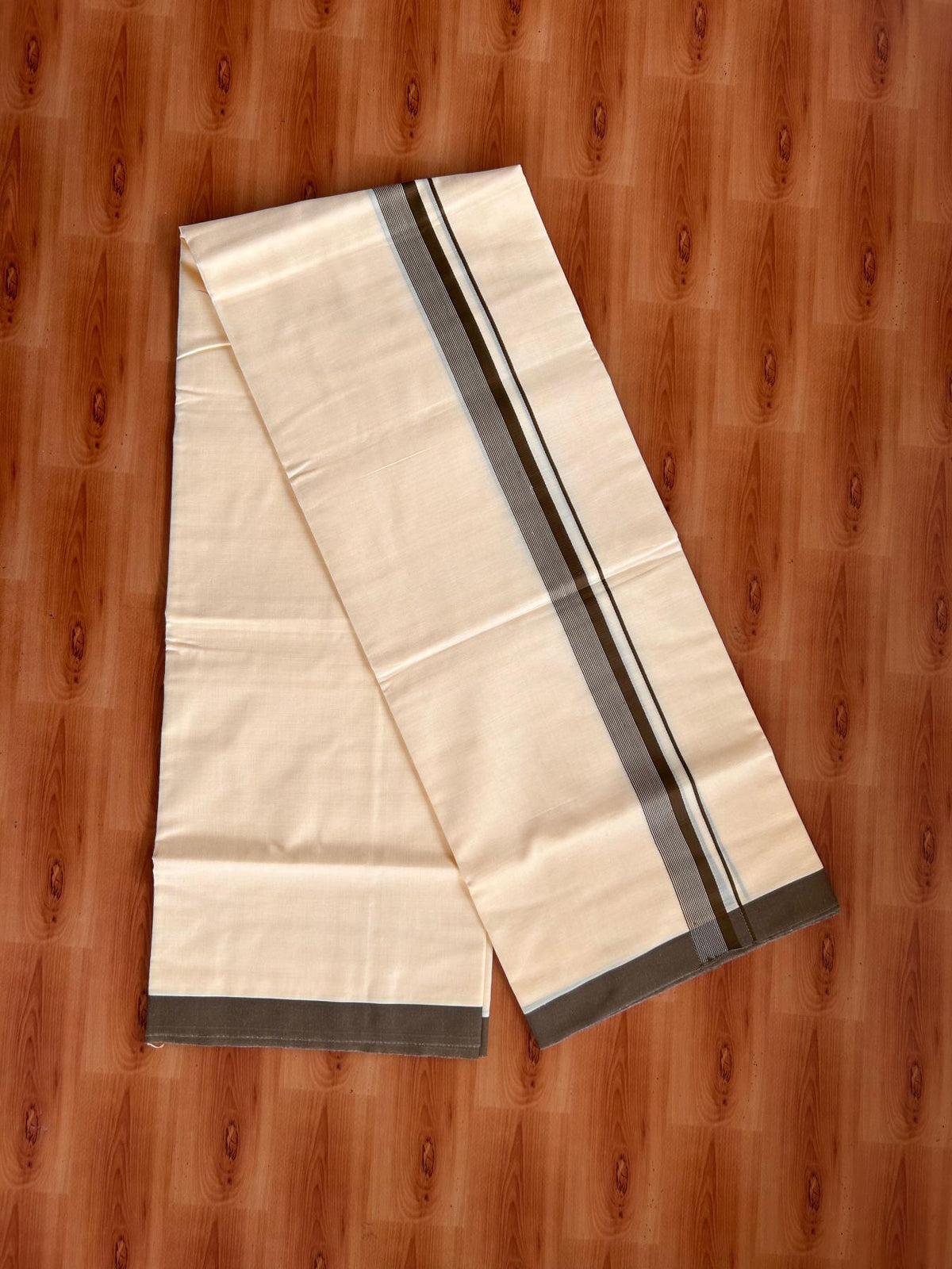 Kannur Yellow Double Mundu/Dhoti - 20% Discount! KaithariKada - 60s - 50% Cotton & 50% Polyester - Kannur Yellow Colour Body with 1.25 inch Olive Brown Striped Kara - 4 mtr (8.5 muzham) - 11 KK5522 VAS