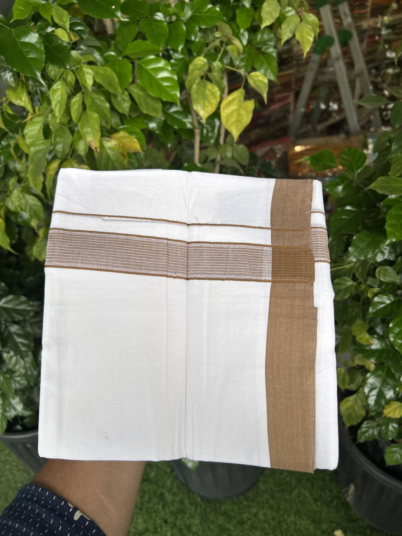20% Discount! KaithariKada Balaramapuram 100% Cotton Double Pure white Mundu/Dhoti- 100X80 - 1.25 inch Brown Striped Kara - 4 mtr ( 8.5 muzham) - 32 KK5341 VIN