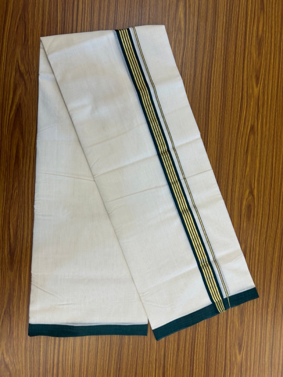 25% Discount ! Kaitharikada Handloom Unakkupaav Balaramapuram - 100% Pure Cotton Off White - (Unbleached) Double Mundu/Dhoti - 100x80 - 1.25 inch Gold Kasav & Green Striped Kara 4 mtr (8.5 Muzham) - 5 KK5307 SAS