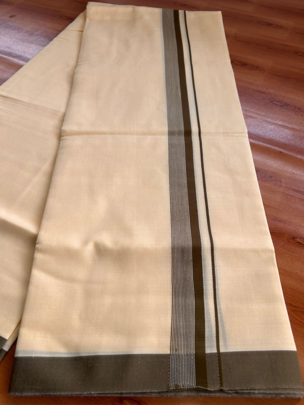 Kannur Yellow Double Mundu/Dhoti - 20% Discount! KaithariKada - 60s - 50% Cotton & 50% Polyester - Kannur Yellow Colour Body with 1.25 inch Olive Brown Striped Kara - 4 mtr (8.5 muzham) - 11 KK5522 VAS